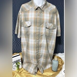 Northwest Territory Mens Tan Plaid Western Shirt Snaps Short Sleeves XXXL Tall
